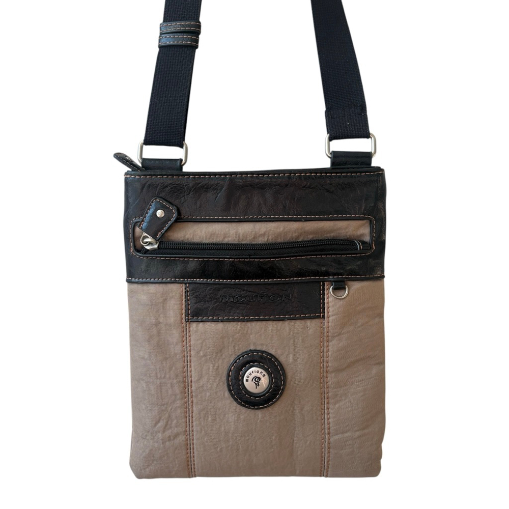 Mouflon Tan Nylon Canvas Crossbody Bag Brown Vegan Leather Trim Adjustable Strap